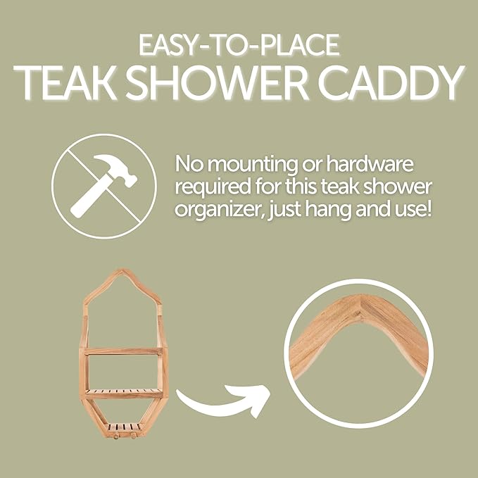 NORDIC STYLE TEAK Wood Natural Hanging Shower Caddy with Storage Shelves, Water Resistant, Easy to Place, Solid Teak Wood, Shower Accessory (Natural Víður)