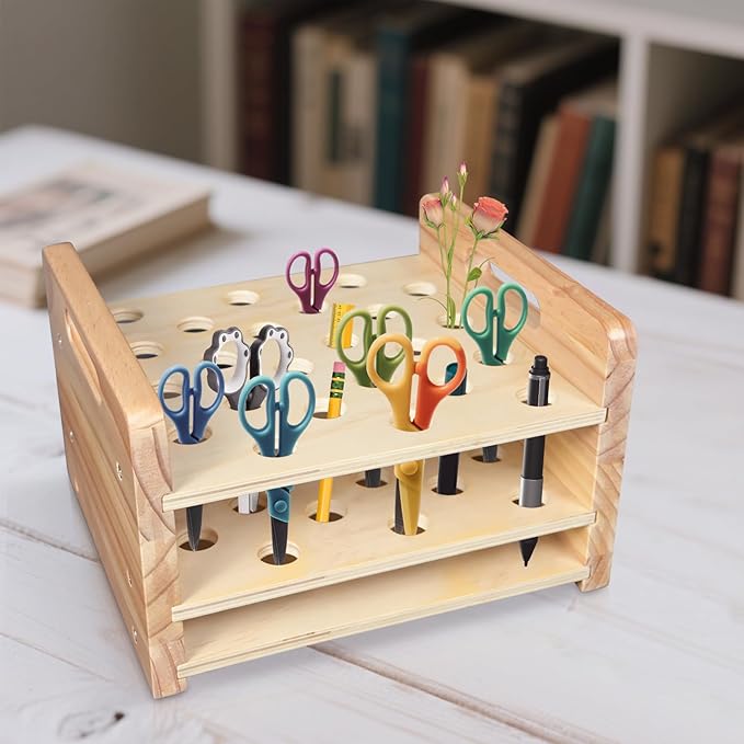 Wooden Scissor Holder Scissors Storage Rack 24 Holes Natural Wood Scissor Organizer Stand Eyebrow Pen Holder Display Stand Makeup Brush Rack Desk Organizer for Classroom Office Barber Shop Home