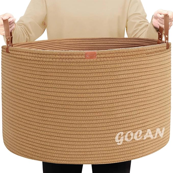 GOCAN Extra Large Storage Laundry Basket 22" X 22"X 14" Cotton Rope Woven Basket for Blanket Basket with Handles for Living Room Toys Storage XXXL (Pure Jute)