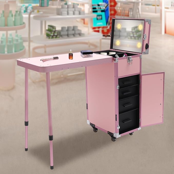 Upgraded Rolling Makeup Case, Foldable Nail Tables Travel Cosmetic Trolley Storage Organizer with 4 Drawers Mirror Pink Nail Table Large Storage Makeup Organizer