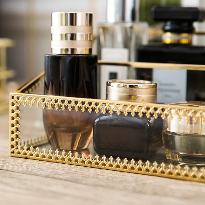 Vintage Gold Makeup Organizer - Glass Makeup Organizer Countertop Organizer for Make-Up Brushes Vanity, Tabletop Organizer Display Case for Bathroom, Vanity, Drawers GJB001