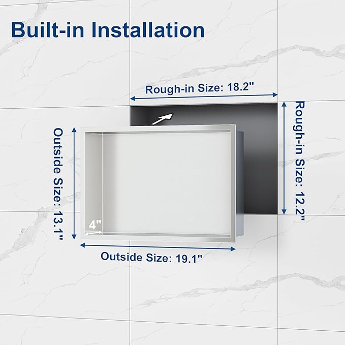 Neodrain Shower Niche, Insert Bathroom Storage Shower Shelf, Stainless Steel Recessed Wall Niche No Tiled Recessed Cabinet Waterproof for Shower Storage(Brushed,18"x12")