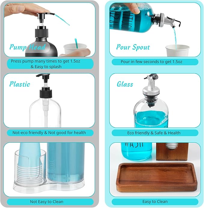 Glass Mouthwash Dispenser for Bathroom, 16 OZ Mouthwash Dispenser with Pour Spout and Acacia Wood Cup Holder and Tray, Mouth Wash Bottle Container, Farmhouse Kitchen Bathroom Decor and Accessories