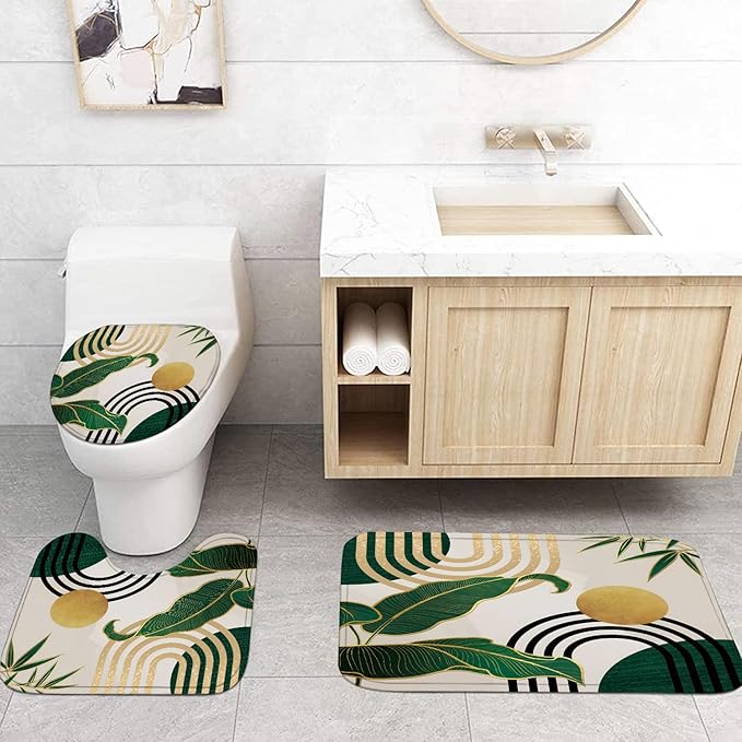 FZDHHY 4Pcs Green Shower Curtain Set, Boho Bathroom Sets, Bamboo Leaf Bathroom Sets with Shower Curtain and Rugs, Shower Curtain with 12 Hooks