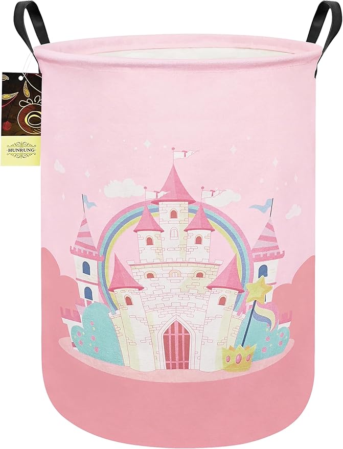 HUNRUNG Laundry Hamper,Large Canvas Fabric Lightweight Storage Basket Toy Organizer Dirty Clothes Collapsible Waterproof for College Dorms(Pink Castle)