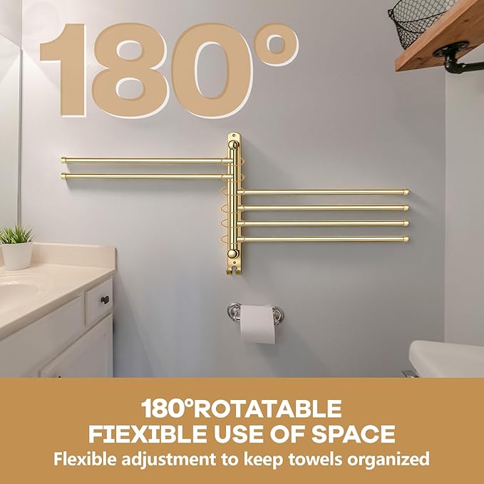 Teenyyou 16.5 Inches Swivel Towel Rack 304 Stainless Steel 6 Arms Bathroom Towel Rack Hanger Pool Holder Wall Mounted Swivel Bar Space Saving with Hook(Gold)