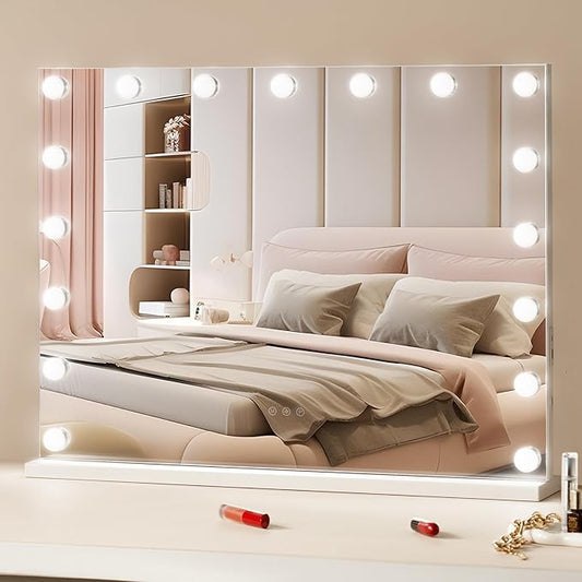 VEVOR Hollywood Vanity Mirror with Lights, 17 Dimmable Bulbs &3 Color Lighting Modes, Makeup Mirror w/Detachable 5X Magnification,USB Port, Smart Touch Control,Desktop Wall-Mount(31.5x23.6in, White)