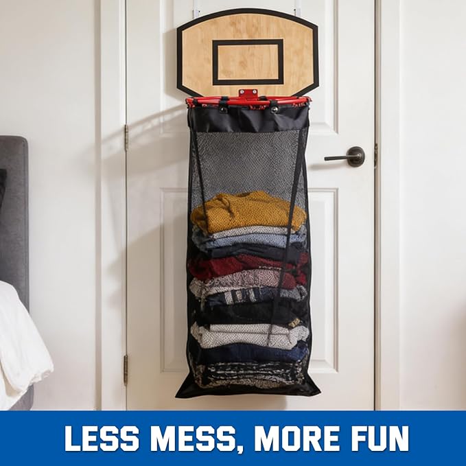 Basketball Laundry Hamper, Over The Door Hoop with Laundry Basket, Sports-Themed Hamper Organizer Set with Backboard, Ball, Net, Air Pump & Hooks for Bedroom or Bathroom