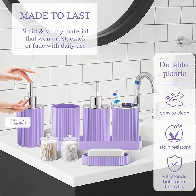 Purple Bathroom Accessories Set, 10PC Bathroom Set, Bath Accessory with Pop Up Trash Can, Soap Dispenser, Toilet Brush, Toothbrush Set Qtip Holders & Tray