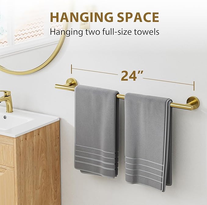 Luxbaro Brushed Gold Towel Bar 24 Inch (Total Length 26-Inch), Thicken Towel Rack for Bathroom Wall, SUS304 Stainless Steel Towel Rod, Modern Home Decor