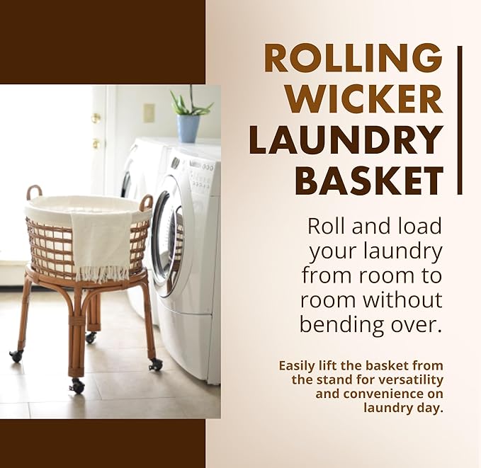 KOUBOO Rolling Wicker Laundry Basket, Handwoven Wicker Hamper with Removable Cotton Liner, Stand, & Locking Caster Wheels, Honey Brown