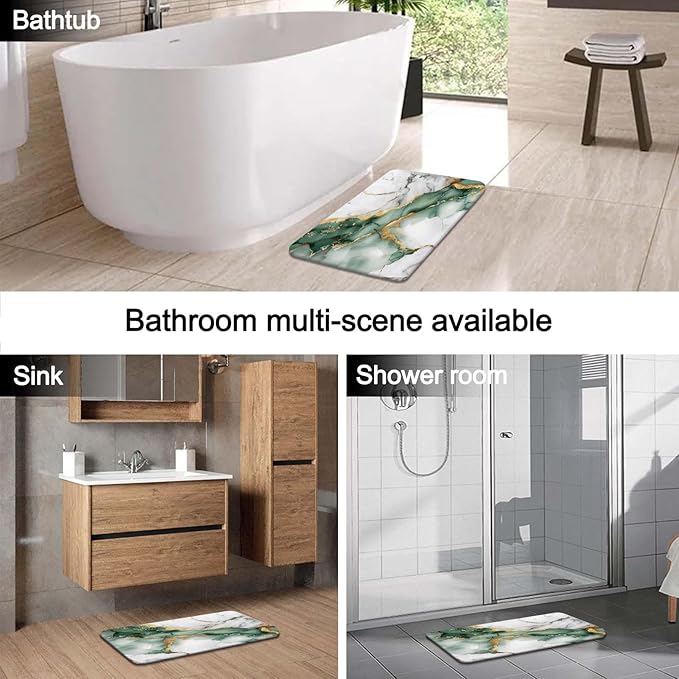 Lnond 4Pcs Bathroom Sets with Shower Curtain and Rugs, Marble Bathroom Shower Curtain Sets, Green Grey Gold Modern Art Bathroom Sets with Rugs and Accessories