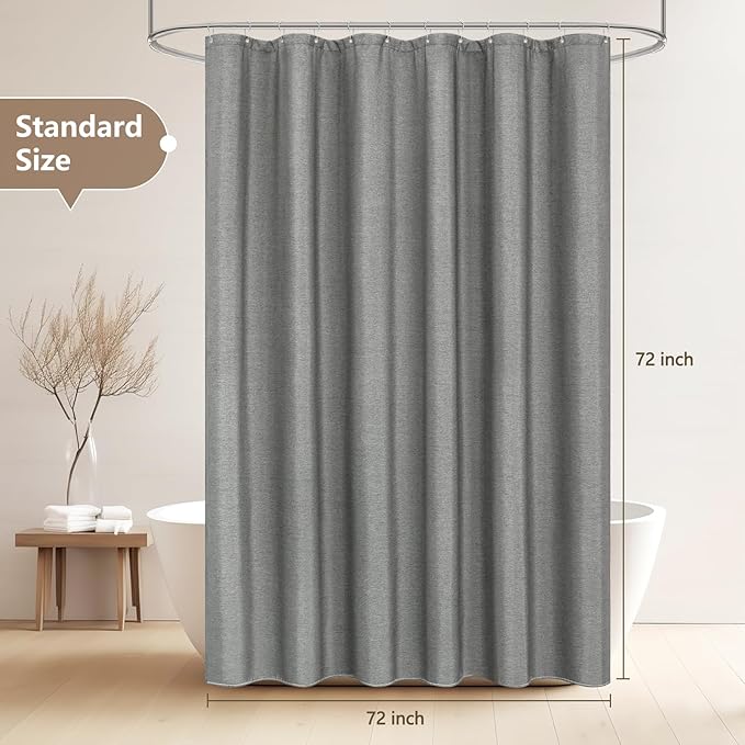 Linen Look Country Rustic Fabric Shower Curtain Grey, Heavy Duty Faux Linen Textured Shower Curtain Water-Resistant, 72 x 72 Inch Natural Gray Hotel Bathroom Shower Curtains Machine Washable