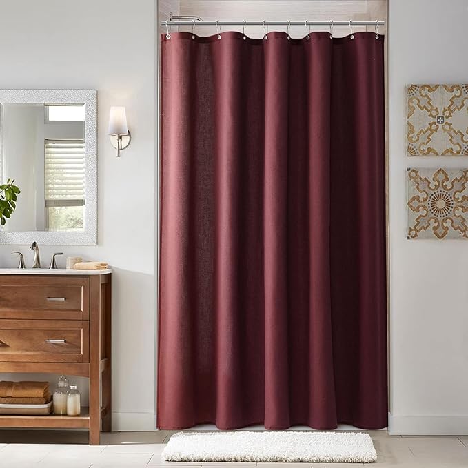 Naturoom 54 Inch Shower Curtain - Stall Narrow Half Linen Ultra Thick Fabric Shower Curtain Set with Hooks, Boho Farmhouse Rustic RV Camper Bath Curtains for Bathroom, Burgundy, 54x78