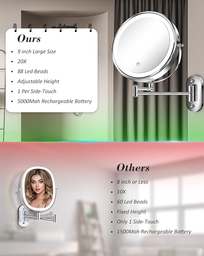 vpu 9" Wall Mounted Makeup Mirror with Light, 20X/1X Height Adjustable Double Sided Magnifying Bathroom Lighted Mirror, 3 Color Touch Dimmable Extended Arm 360 Rotation Light up Magnification Mirrors