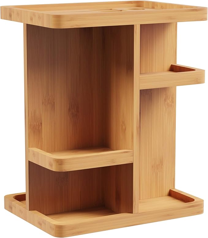 Makeup Organizer - Rotating Eco-Friendly Compact Modern Bamboo Skincare Cosmetic and Vanity Carousel for Bedroom, Bathroom, and Dorm by Lavish Home