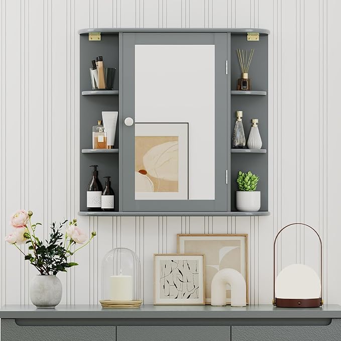 Giantex Bathroom Mirror Cabinet, Wall Mounted Medicine Cabinet with Mirrored Door & 4 Interior Shelves, 6 Open Shelves, Mounting Hardware, Space-Saving Storage Cabinet