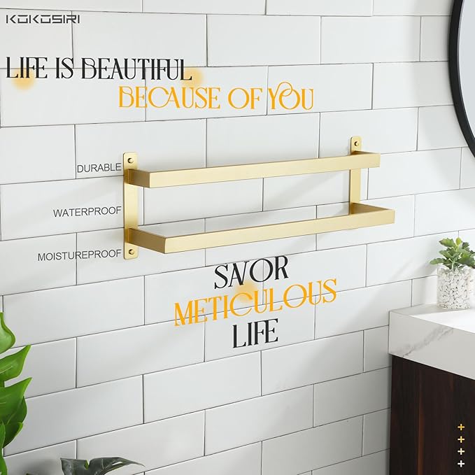 KOKOSIRI Bath Towel Bars Bathroom 2-Tiers Ladder Brushed Gold Towel Rails 24 Inches Towel Holders Wall Mounted Towels Shelves Rack Stainless Steel, B5008BG-L24