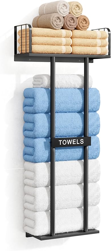 KIMBORA Towel Racks for Bathroom with Top Towel Shelf Hold 8 Large Rolled Towels, 36" Wall Mounted Bathroom Towel Storage Organizer for Small Bathroom, Camper, Rv (Black)