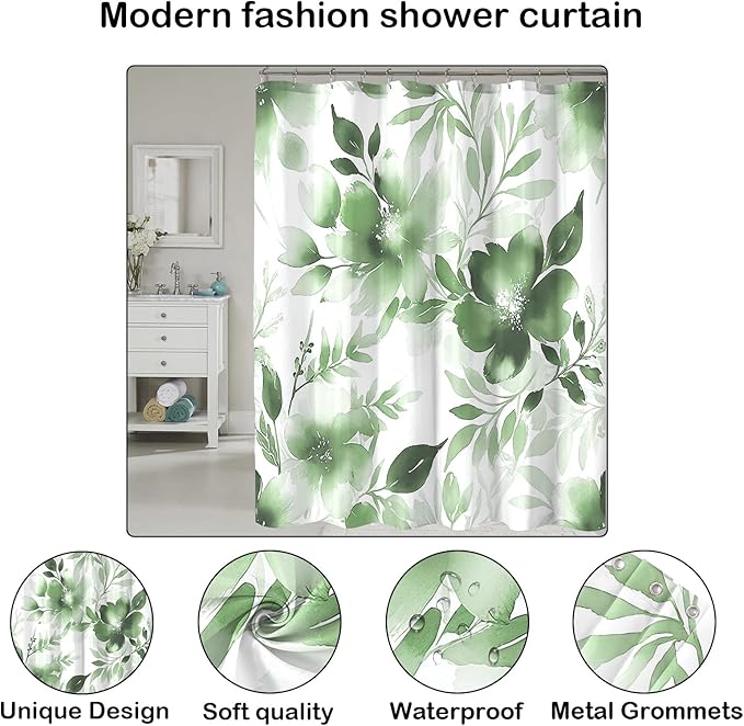 Floral Shower Curtain, Sage Green Watercolor Flower Shower Curtains for Bathroom, Modern Minimalist Waterproof Fabric Bath Curtain 72x72 Inch
