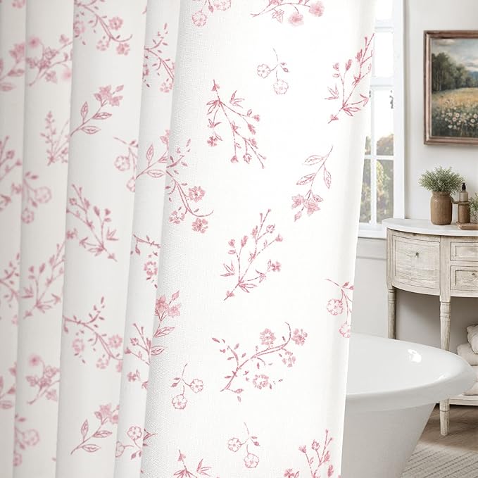 Pink Floral Farmhouse Vintage Cotton Shower Curtain, French Country Shower Curtains for Bathroom, 72Wx72H