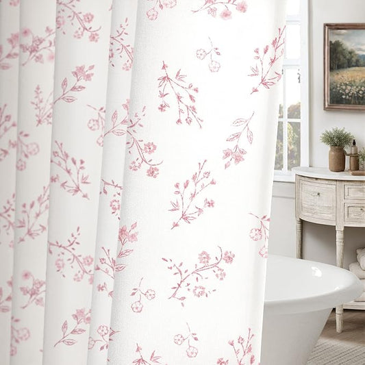 Pink Floral Farmhouse Vintage Cotton Shower Curtain, French Country Shower Curtains for Bathroom, 72Wx72H