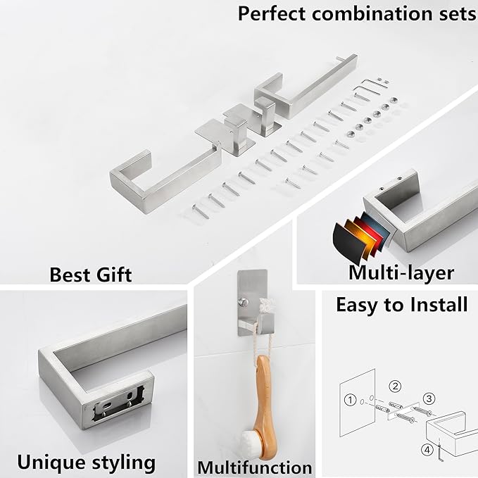 TocTen 4 Pcs Bathroom Hardware Set, Thicken Stainless Steel Hand Towel Bar Set-Includes 9IN Bath Towel Holder+Toilet Paper Holder+2 Robe Towel Hooks, Wall Mounted Bathroom Accessories Kit(Brushed)
