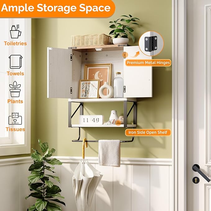 VINGLI Bathroom Wall Cabinet with Towel Bar, Farmhouse Small Medicine Cabinet Wall Mounted, Rustic Wood Over The Toilet Storage Cabinet with Adjustable Shelf for Restroom Kitchen, Vintage White/Brown