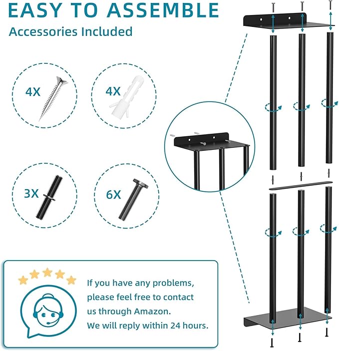 Susswiff Towel Racks for Bathroom 31 Inch - Wall Mounted, Solid 2 Metal Shelves and 3 Vertical Bars, Can Holds 6 Large Rolled Bath Towels - for Modern Decor Bathroom Towel Storage (Matte Black)