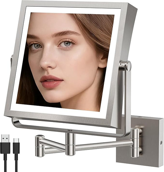 Wall Mounted Lighted Makeup Mirror, Rechargeable Double-Sided 1X/10X Magnifying Mirror with Light, Touch Dimmable 3 Color Lights, 360° Rotation Extendable Arm (Brushed Nickel)