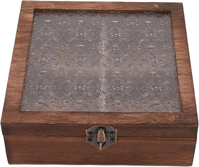 TOPINCN Floral Wooden Jewelry Box, Vintage Makeup Organizer, Trinket Holder Container, Quadrate Small Storage Case with Glass Lid for Cosmetics, Vanity Table, Desk Decorative