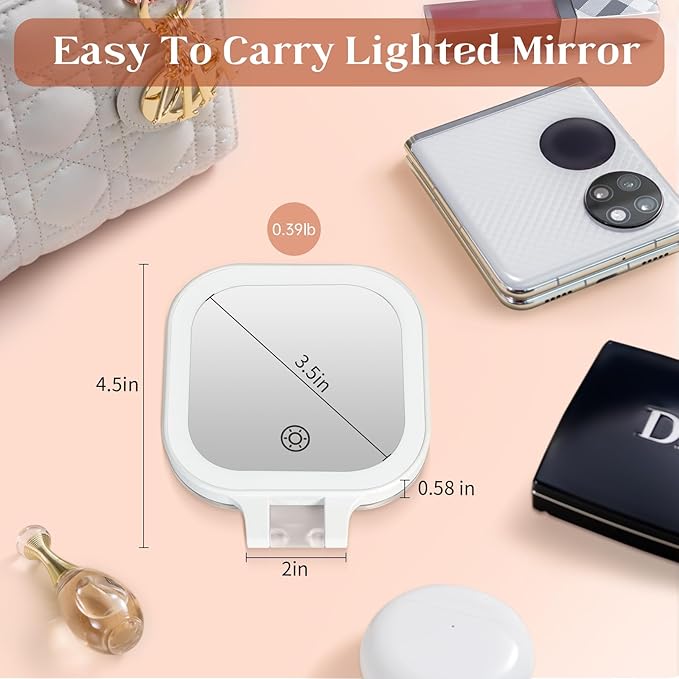 FASCINATE Compact Travel Makeup Mirror with Lights and Magnification, 3.5 inch Portable 1X/30X Magnifying Mirror with 3 Color Light, Folding, Handheld (White)