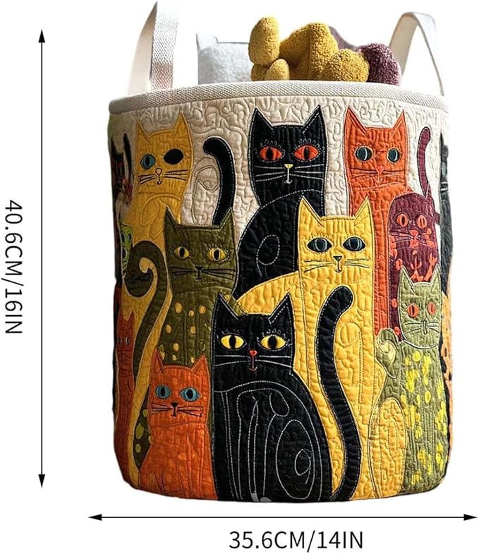 Cute Cat Quilted Laundry Basket with Handles, Boho Floral Fabric Quilted Laundry Basket, Large Soft Collapsible Storage Hamper for Nursery, Bedroom, Bathroom, Clothes & Toy Organization (#01)