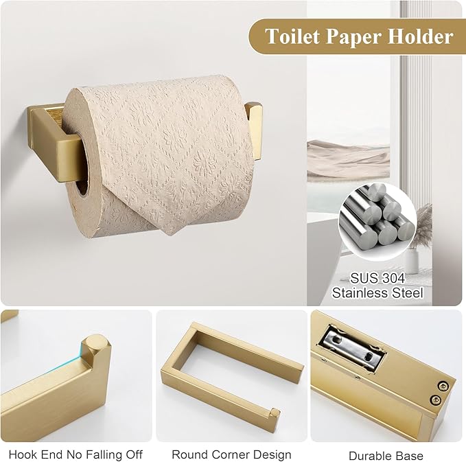 3 Pieces Brushed Gold Bathroom Hardware Accessories Set,SUS304 Stainless Steel Towel Holder Set Towel Holder Robe Hook Toilet Paper Holder Wall Mounted