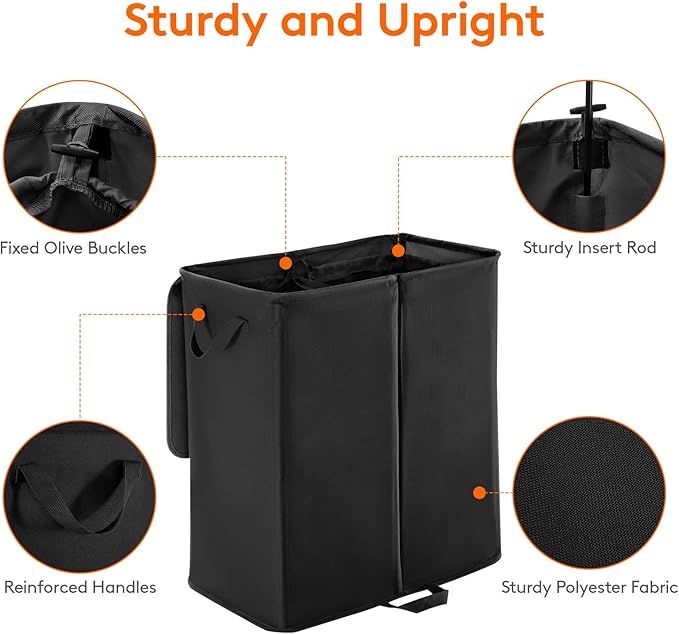 Lifewit 136L Double Laundry Hamper with Lid and Removable Laundry Bags, Large Divided Hamper, Collapsible 2 Section Laundry Basket with Handles for Bedroom, Bathroom, College Dorm, Laundry Room, Black