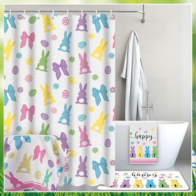Nuanchu 6 Pcs Easter Shower Curtain Set with Rug Easter Bunny Bathroom Sets with Shower Curtain Bath Mat U Shaped Mat Toilet Lid Cover 2 Bath Towels and 12 Hooks Rabbit Bathroom Decor