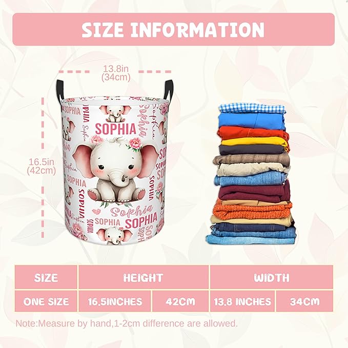 Custom Elephant Laundry Baskets,Personalized Elephant Gifts,Customize Name Laundry Hamper for Boys Girls Adults,Collapsible Clothes Storage Organizer,16.5 x 13.8in
