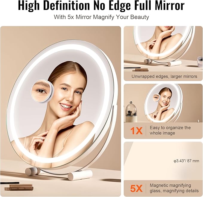 VEVOR 20” Vanity Mirror with Lights, LED Makeup Mirror 3 Color Lighting Modes, with 5X Magnification Mirror, Smart Touch Control, 360°Rotation,Round Lighted Makeup Mirror for Bedroom Tabletop (White)