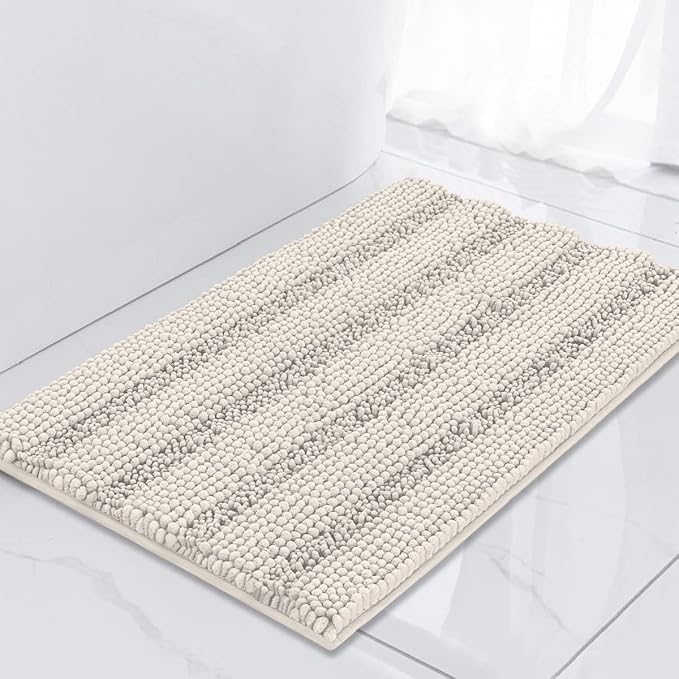 Turquoize Chenille Bath Rugs Shaggy Non Slip Bath Mat 17 x 24 Extra Soft Absorbent Area Rug, 17"x 24", Ivory