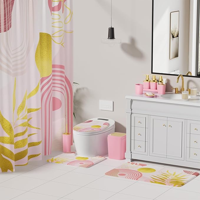 Bathroom Accessories Set - 27PC Bathroom Sets with Shower Curtain and Rugs, Pink Bathroom Set, Pink Bathroom Accessory Set with Trash Can, Toilet Brush & 3 PC Soap Dispensers