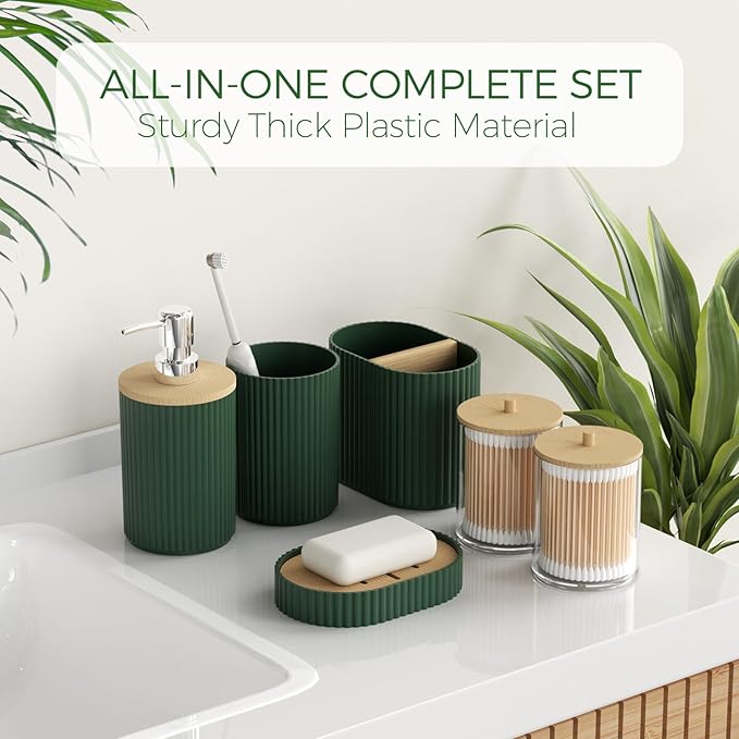 Green Bathroom Accessories Set - Bathroom Set with Shower Curtain and Rugs, Trash Can, Toilet Brush with Holder, Soap Dispenser, Toothbrush and Toothpaste Holder, Cup, Soap Dish, Qtip Holders, Hooks
