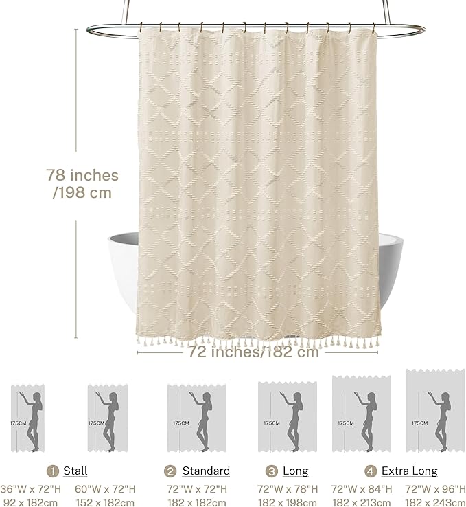 Extra Long Boho Farmhouse Shower Curtain, 72 x 78 Cream/Beige Tufted Chevron Textured Striped Modern Minimalist Cloth Curtain for Bathroom