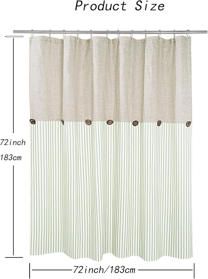 Farmhouse Shower Curtain,Beige and Green Stripe,Button Curtain,Linen and Cotton Blend Fabric,Rustic Charm Country Chic Style,72x72 in