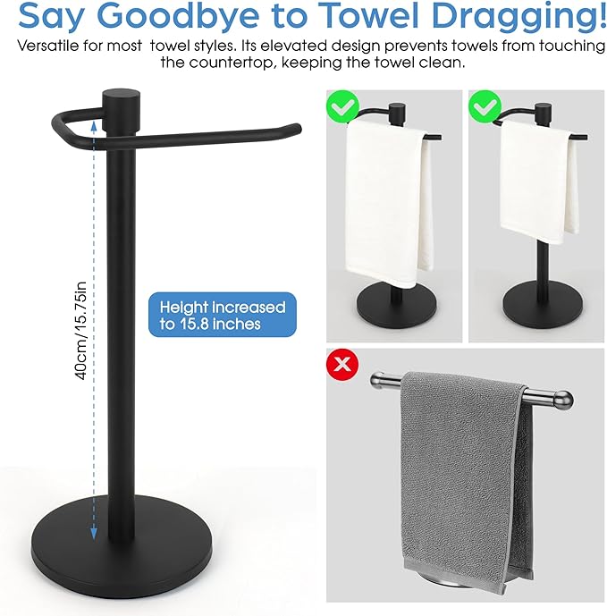 Top-spring Hand Towel Holder Stand Stainless Steel Free Standing Hand Towel Rack for Bathroom Kitchen Countertop, 17.2" H Hand Towel Stand with Heavy Base, Matte Black