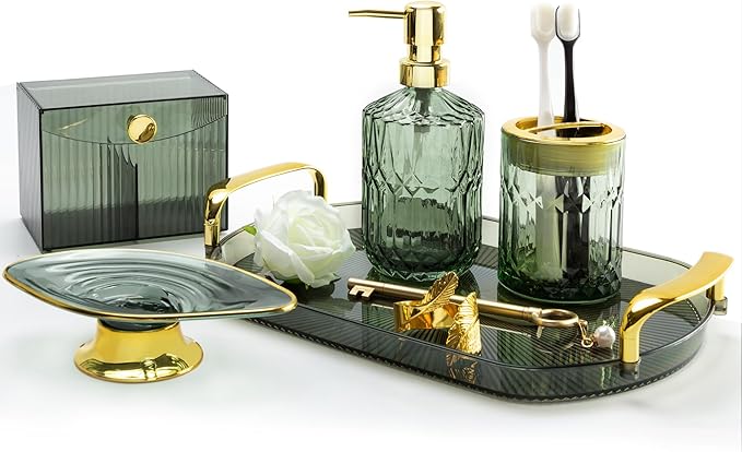 FEXIA Green Bathroom Accessories Set 5 Pcs Green Bathroom Decor with Decorative Vanity Tray for Boho Bathroom Decorations Soap Dispenser Toothbrush Holder Lotion Gifts for Women Home Apartment Decor