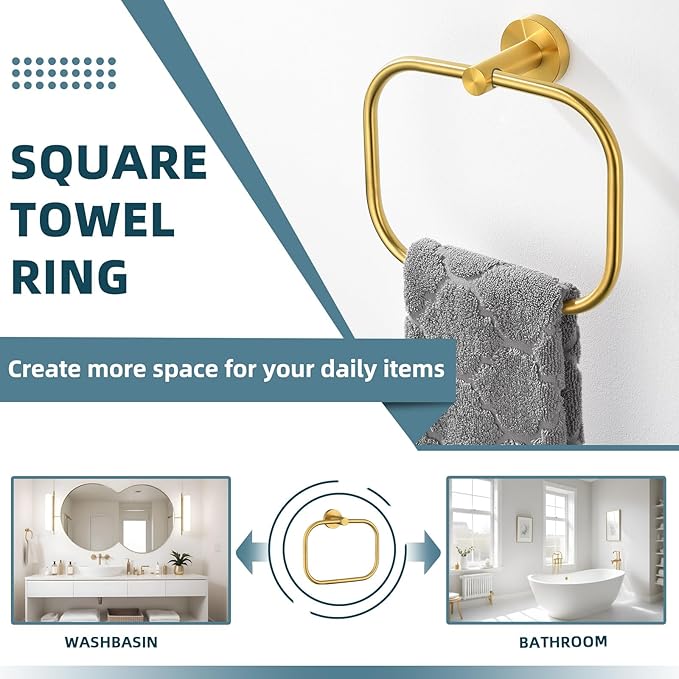 APLusee Square Towel Ring Brushed Gold, 304 Stainless Steel Hand Towel Holder for Bath Kitchen, Wall Mounted
