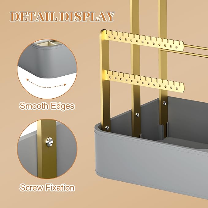 Vanity Mirror with Lights & 4 Tiers Jewelry Holder Organizer, Jewelry Display Stand for Bracelet, Necklace, Earrings, Rings, 1000mAh 3-Color Lighting Makeup Mirror, Light Gray