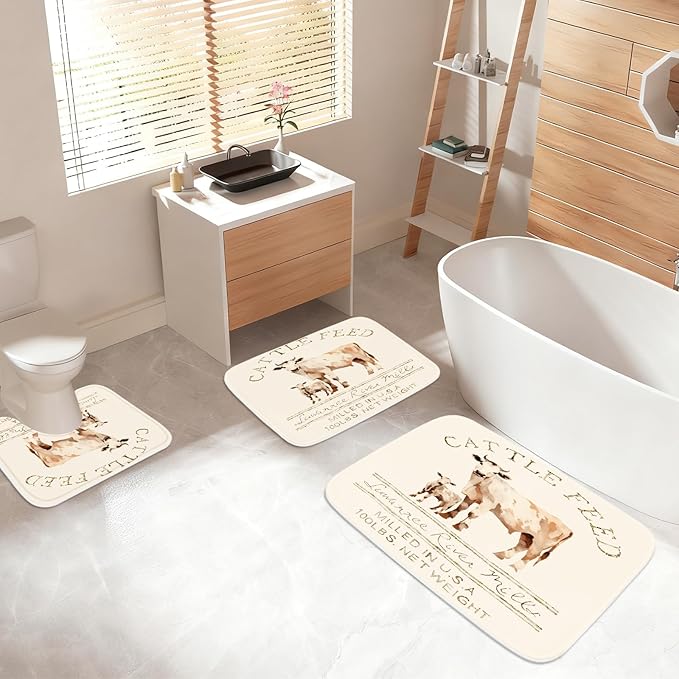 Farmhouse Abstract Animal Cattle Feed Cow Rustic Bathroom Rugs and Mats Sets 3 Piece, Memory Foam Bath Mat, U-Shaped Contour Shower Mat Non Slip Absorbent, Velvet Washable 20 x 31 inch