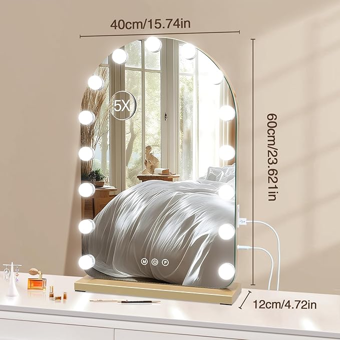 halumao Vanity Mirror with Lights, 15.7" x 23.6" Hollywood Lighted Makeup Mirror with 15 Dimmable LED Bulbs for Dressing Room Bedroom Gold