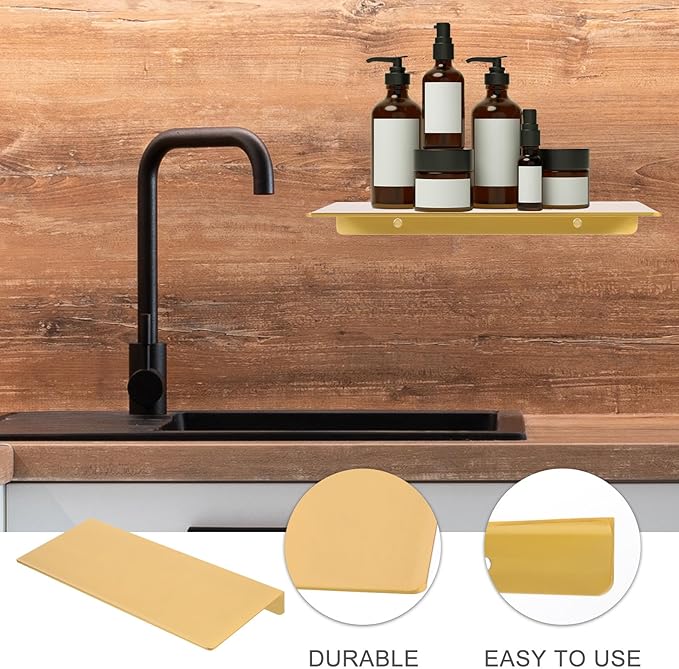 OUNONA Punching-Free Bathroom Wall Shelf 30cm Brushed Gold Aluminum Floating Adhesive Shelf for Storage and Organization in Home, Office, and Dormitory